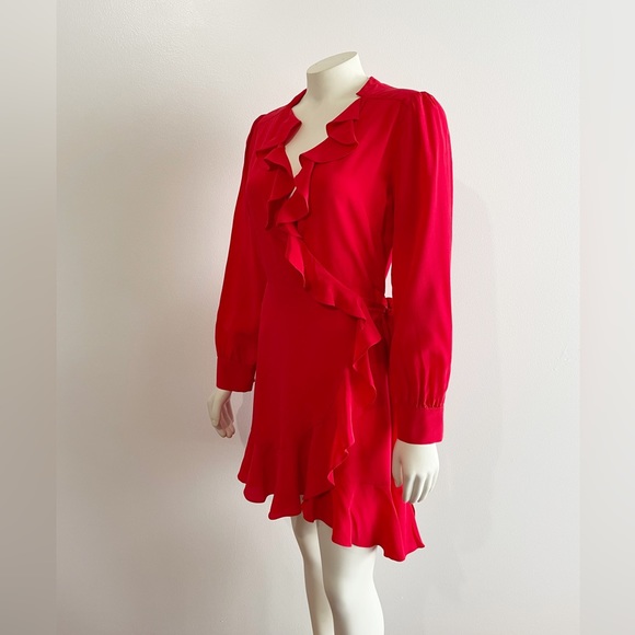 Intermix Dress Aviana Silk Wrap Ruffle Long Sleeve Red Dress - Picture 4 of 13